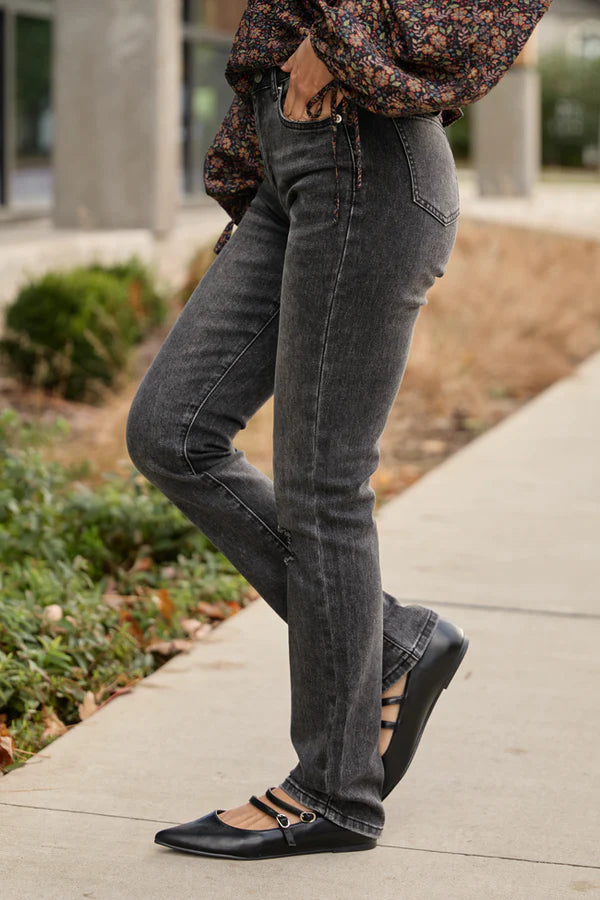 High Rise Black Distressed Slim Straight Leg Jeans