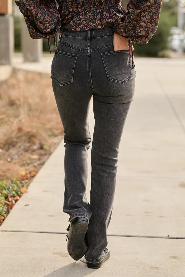 High Rise Black Distressed Slim Straight Leg Jeans